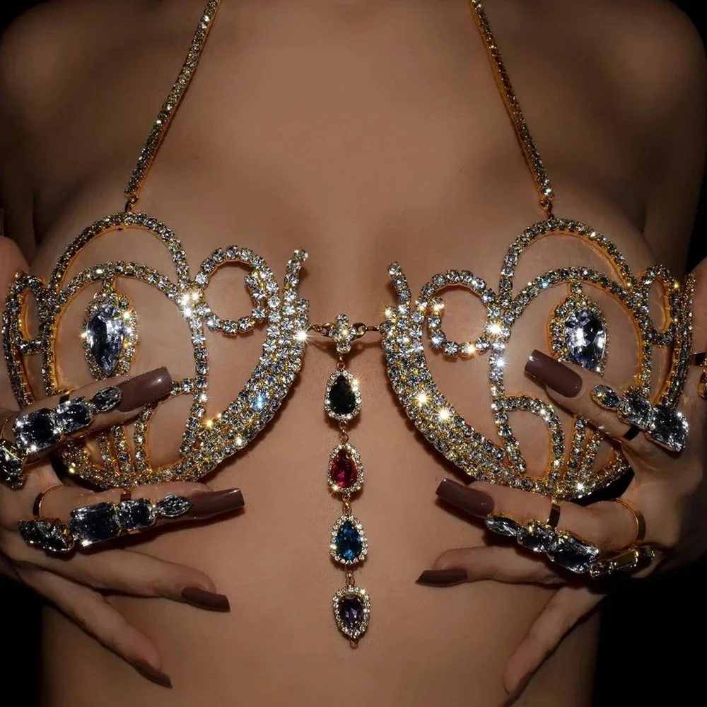 Body Jewelry Luxury - 여성용 럭셔리 라인석 비키니 브라, 기하학적