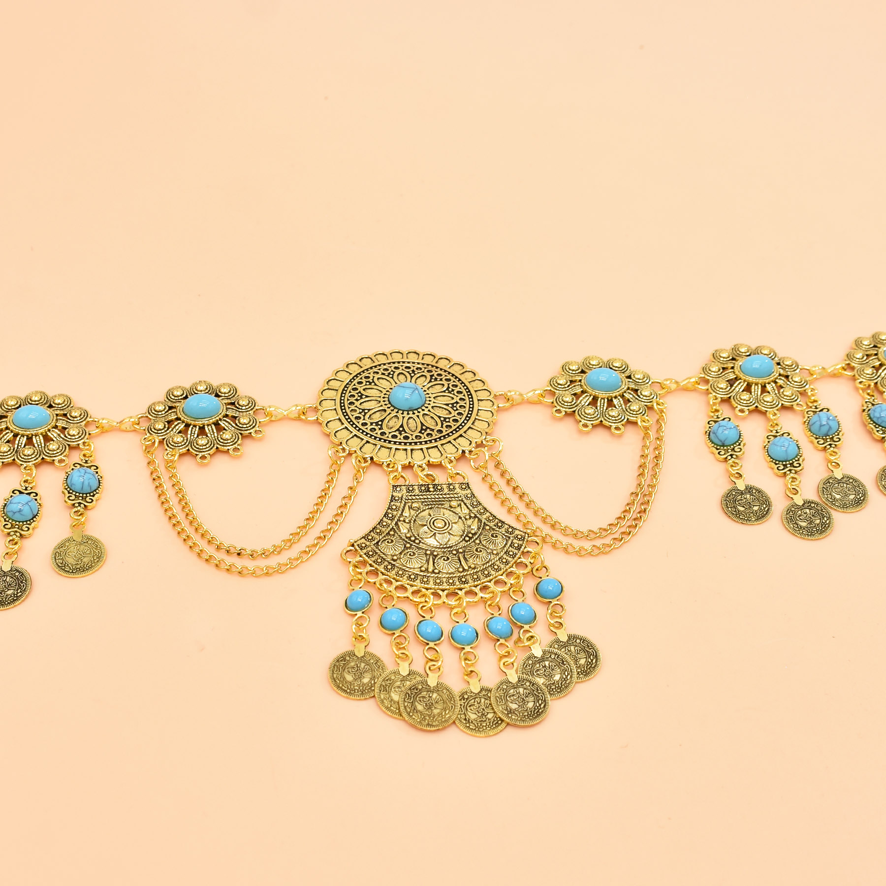 레트로 기하학적 조각 허리 체인 터키석 동전 펜던트,  - Body Jewelry Luxury 리뷰 및 가격
