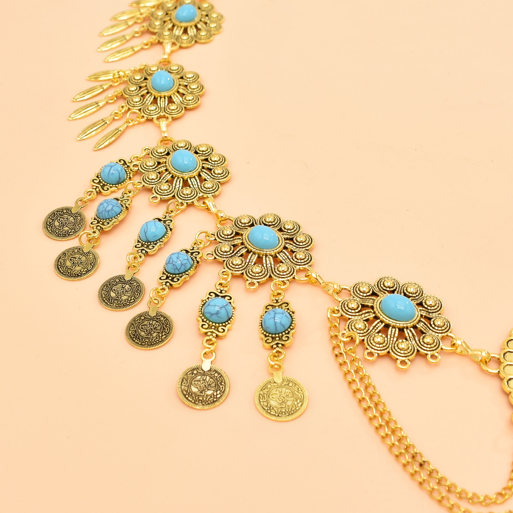 레트로 기하학적 조각 허리 체인 터키석 동전 펜던트,  - Body Jewelry Luxury 리뷰 및 가격
